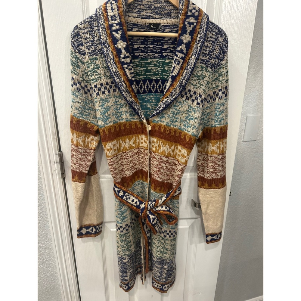 6‎ by Six Womens XL Southwestern Fair Isle Longline Belted Cardigan Sweater Blue